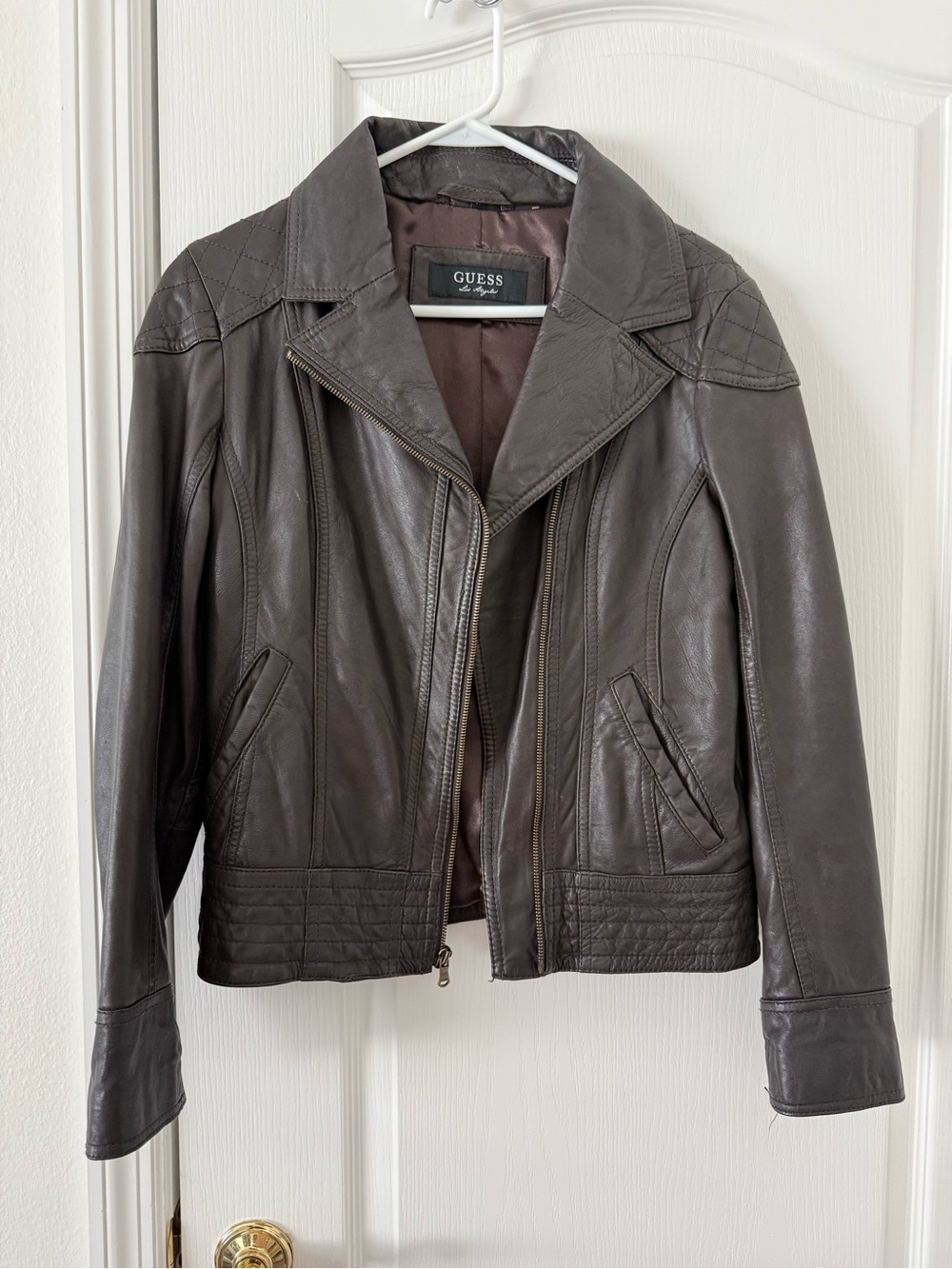 GUESS Women's Dark Brown Leather Moto Jacket